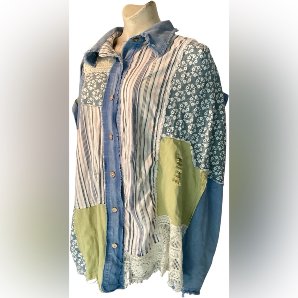 Blue Velvet Patchwork Button Down Bat-Wing Tunic/Shirt Sz S/M - Picture 7 of 10